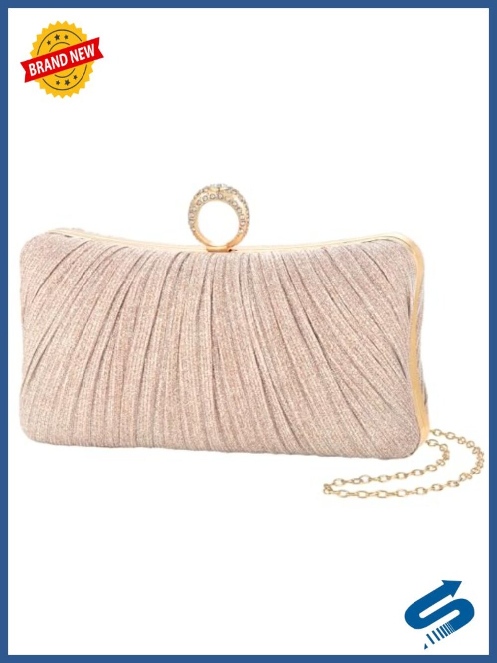 Glitter Clutch Purse Pleated Evening Bag with Rhinestone Ring